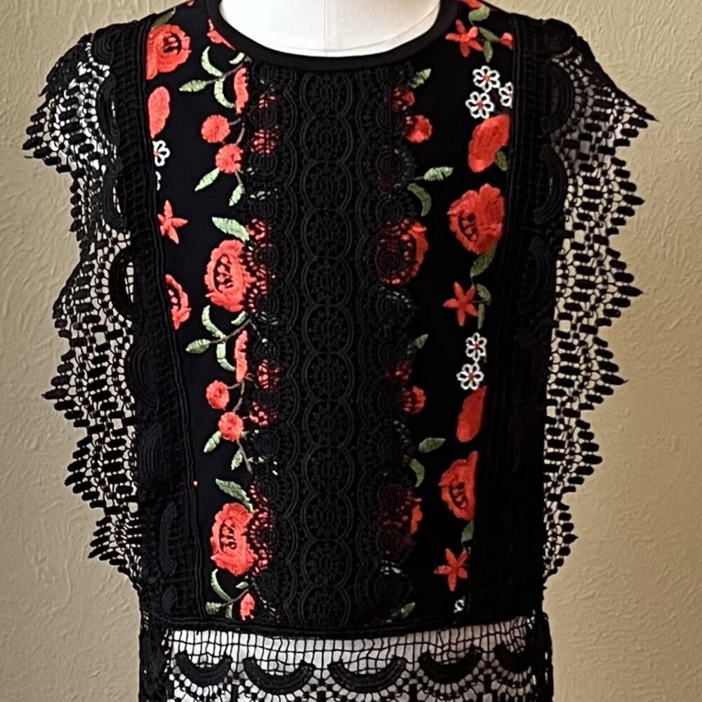 Franki by Francesca's Black Lacy Top with Red Roses